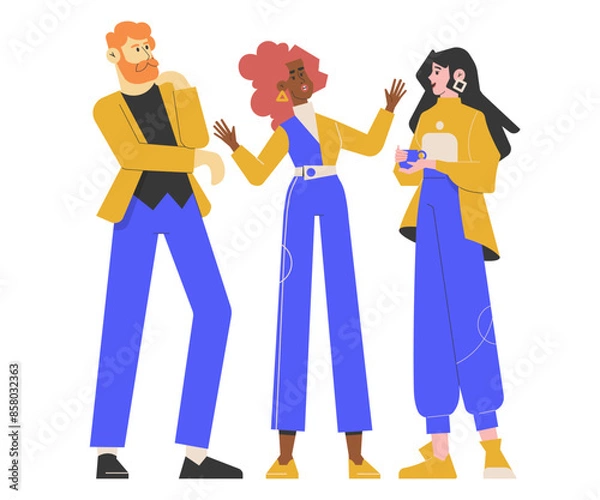 Obraz A diverse group of friends casually talking and interacting, reflecting a relaxed and informal atmosphere. Ideal for concepts related to casual meetings, socializing, and friendly interactions. Vector