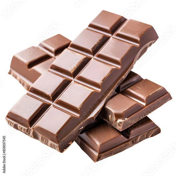 Obraz Close-up of delicious chocolate bars stacked together, showcasing rich and creamy texture isolated on transparency background, PNG cut out. Perfect for dessert and confectionery themes.