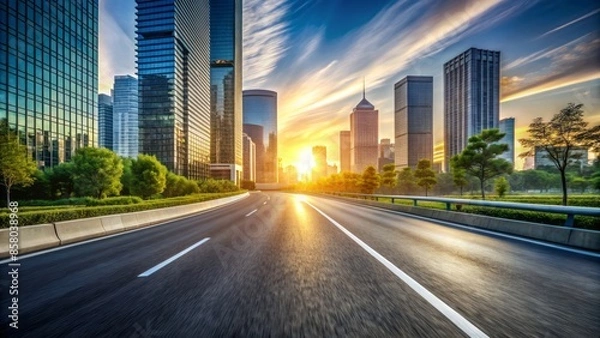 Fototapeta Sunrise-lit empty asphalt road stretches through serene urban landscape, lined with city buildings, with subtle blur effect, conveying dynamic motion, endurance, and urban athleticism.