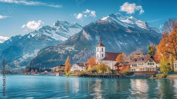 Fototapeta Panoramic view of the city of Brienz on Lake Brienz, Switzerland. An old fishing town with a beautiful church and snow-capped Alpine mountains in the background.