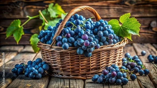 Fototapeta Vibrant blue grapes cascading from a wicker basket, artfully arranged on a distressed wooden surface, evoking a rustic, countryside ambiance.