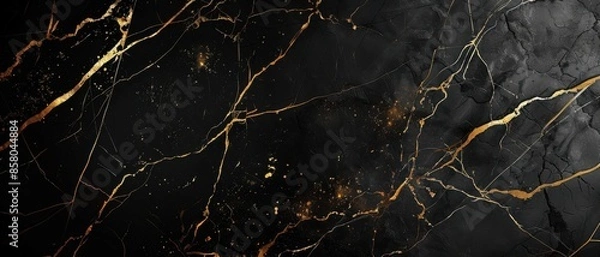 Fototapeta A stunning abstract composition of black marble with bold gold veins and splashes, creating a luxurious and dramatic atmosphere.