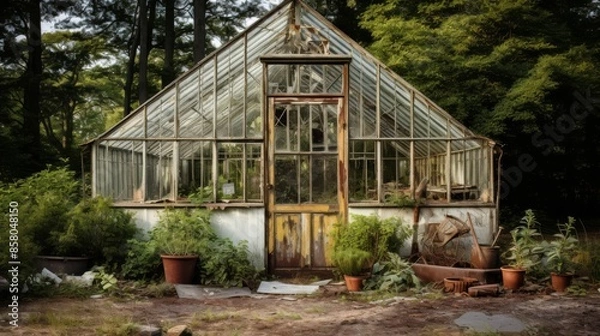 Fototapeta Desolate greenhouse with crumbling structure, echoes of past cultivation