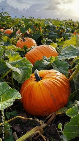Fototapeta On a sprawling plantation, big pumpkins thrive under the sun, their vibrant orange hues and enormous sizes promising a bountiful and festive harvest