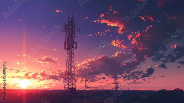 Fototapeta A tall tower used for communication stands in front of a beautiful summer sunset.