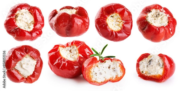 Fototapeta Hot red tiny cherry peppers stuffed with soft ricotta cheese isolated on white background. Collection with clipping path.