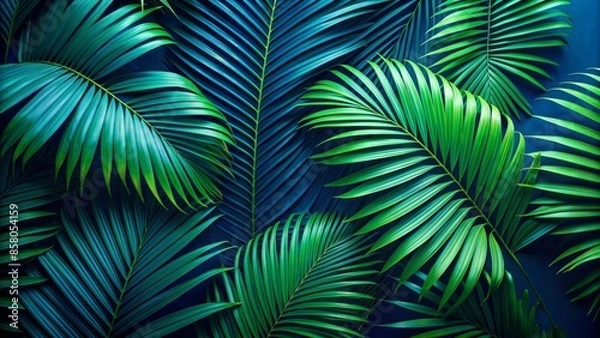 Fototapeta Vibrant Green Palm Leaves Against A Dark Background
