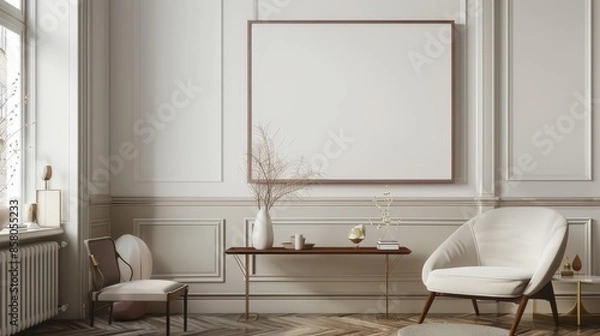 Fototapeta A modern, minimalist living room interior with white walls, a large empty frame, and a comfortable armchair