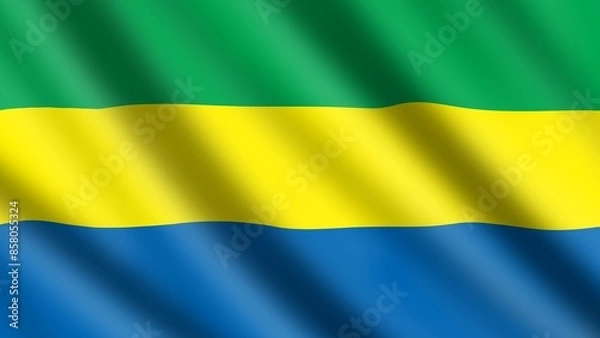 Obraz Wavy and flowy national flag of Gabon also known as Gabonese Republic. Tricolour flag of horizontal green, yellow, and blue bands. 
