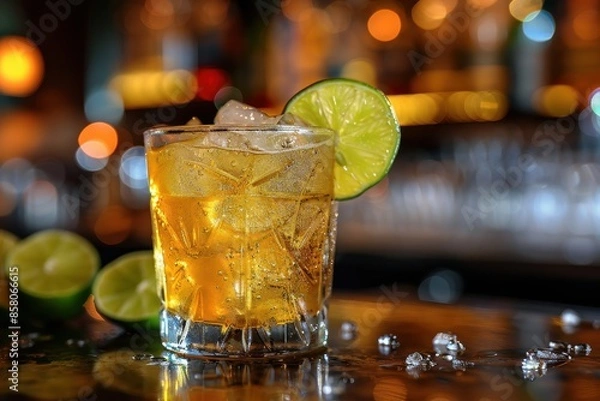 Fototapeta A refreshing caipiroska cocktail in a short glass, with muddled lime wedges, sugar, and vodka, served over crushed ice