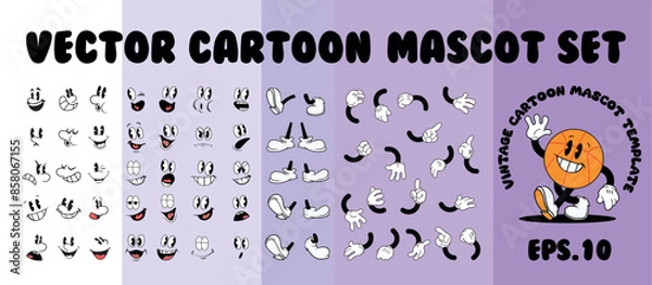 Fototapeta cartoon hands, legs and faces, mascot set: vector 1930's vintage style character parts collection. Cartoon mascot set. cartoon legs set