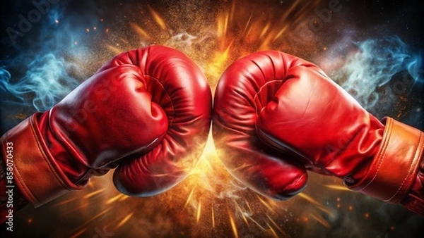 Fototapeta Dramatic close-up of red hot fighting boxing gloves clenched in opposition, with bold vs letters emblazoned in the center, symbolizing intense rivalry.