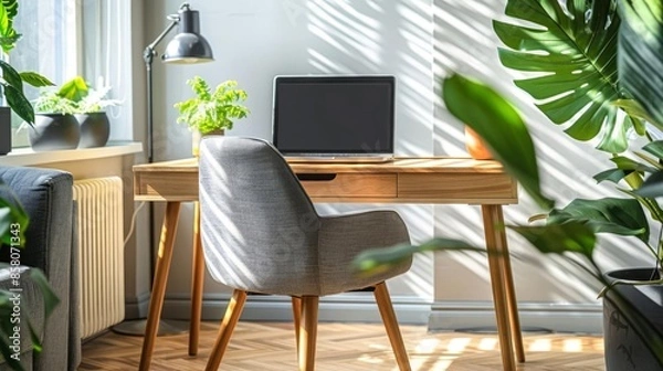 Fototapeta Minimalist Home Office - Light wood desk with a grey chair, a sleek laptop, minimal decor items, and a small indoor plant