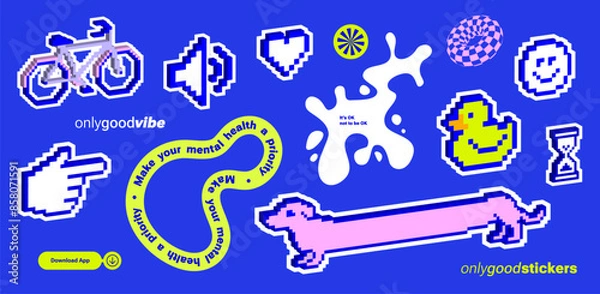 Fototapeta Pixel art, Y2k retro sticker pack. Funny naive design elements. Blue 8bit game icons, Kids Print with Nice Text for cover, t-shirt. geometric shape, pixelated cursor, bicycle, emoji, rubber duck