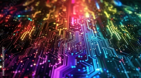 Obraz Technology background abstract circuit board glowing rainbow futuristic modern digital. AI generated