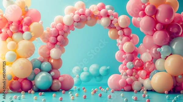 Fototapeta A whimsical arrangement of pastel-colored balloons forms an archway against a tranquil blue background