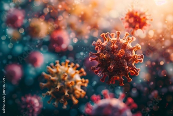 Fototapeta Cold virus closeup with copy space, illness prevention, sickness, winter flu