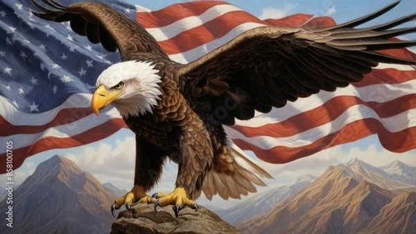 Obraz Generated Ai. A majestic bold eagle with the American flag in background.