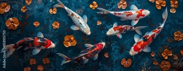 Fototapeta Koi fishes swimming in a koi fishpond, scenic view, peaceful state, created with AI