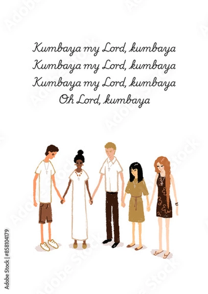 Fototapeta Unity of Christian people friends holding hands isolated on white praying singing Kumbaya