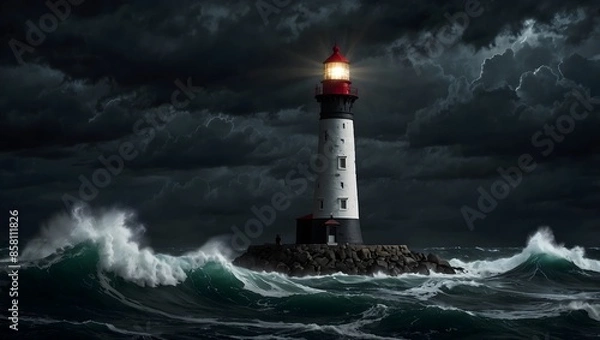 Fototapeta About a stormy night where the lighthouse beacon cuts through the darkness, guiding ships to safety  ai_generated