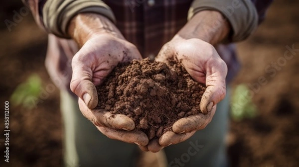 Fototapeta Rich soil held by farmer's hands.