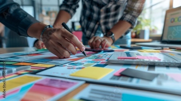 Fototapeta Close-up photo of a ux developer and UI designer using augmented reality brainstorming on designing a mobile app interface layout on a table at a modern office. of creative 