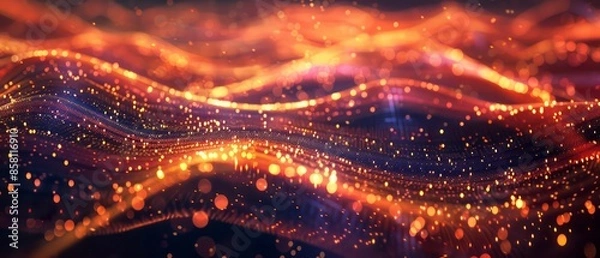 Obraz A vibrant wave of bright particles flows through the digital landscape, illustrating the future of data technology. This big data visualization showcases dynamic insights and connectivity.