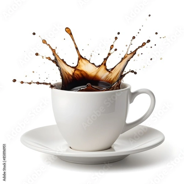 Fototapeta Isolated black coffee with splashes in a white cup 