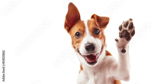Obraz happy dog giving a high five isolated on white, with copy space area, transparency background