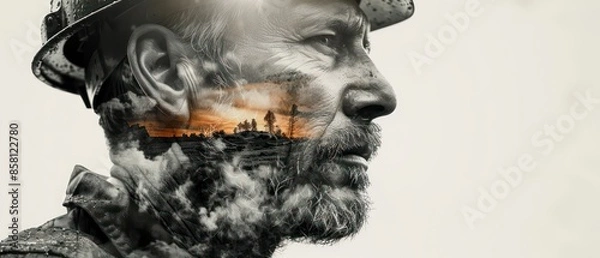 Fototapeta A striking double exposure image blends a miner's silhouette with a rugged mine landscape, capturing the essence of hard work and nature's beauty.