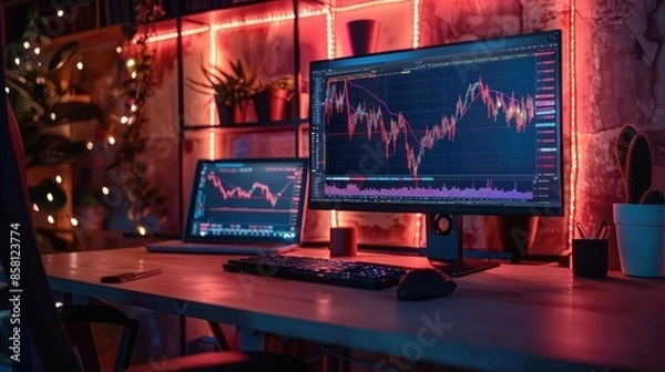 Fototapeta A modern trading setup featuring dual monitors displaying financial charts and stock information, set against a stylish, illuminated background with decor elements.