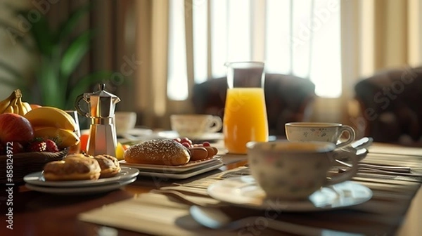 Fototapeta Breakfast served with brown coffee juice and fruits on a dining table very detailed and realistic shape