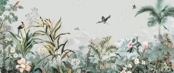 Fototapeta Exotic garden wallpaper with lush greenery, colorful flowers, and birds perched or flying overhead in soft pastel colors.