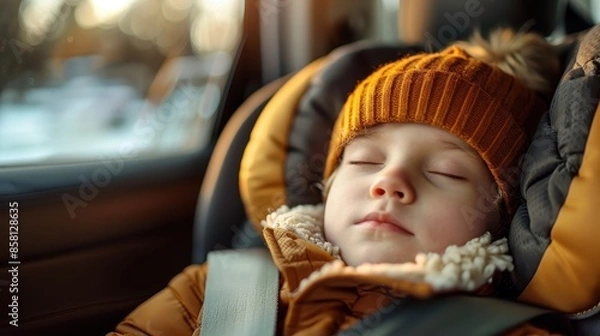 Fototapeta A peaceful image of a toddler sleeping in a car seat, dressed in warm winter clothes, including a cozy hat. The car interior and soft lighting indicate a serene atmosphere.