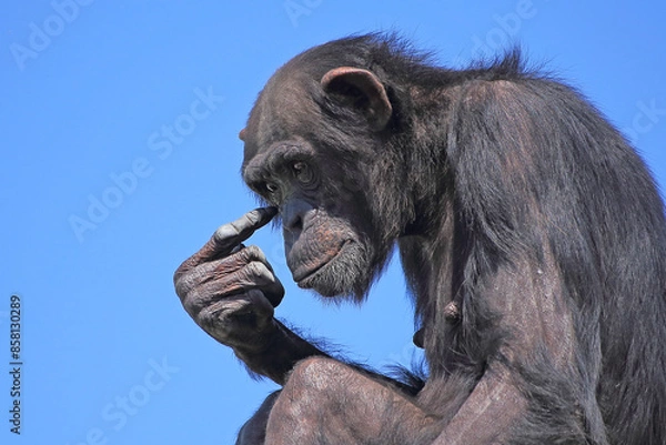Fototapeta A contemplative chimpanzee deep in thought against a clear blue sky. Capturing the expressive nature of wildlife in a close-up view.
