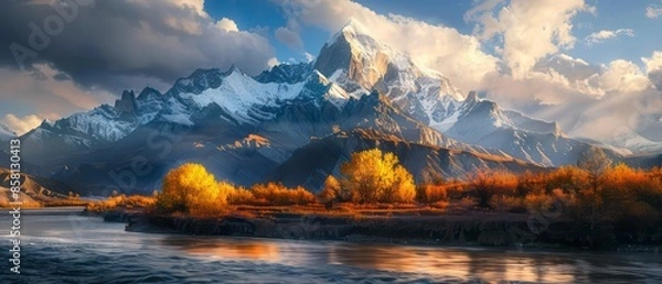 Fototapeta Majestic mountains rise above a pristine lake, with snow and ice reflecting in the clear water, creating a breathtaking natural scene for travelers.