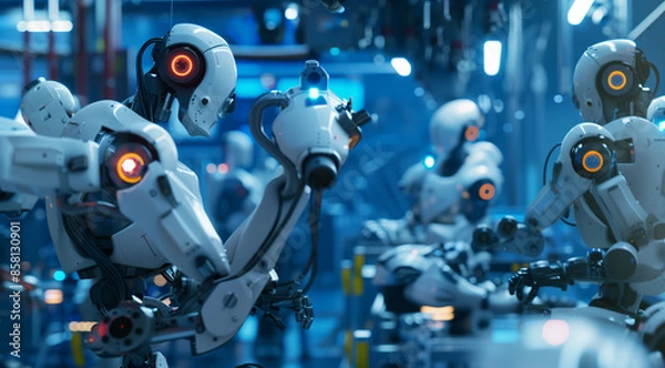 Fototapeta High-tech robotic arms in action at a futuristic AI factory showcasing advanced robotics in industry and production.