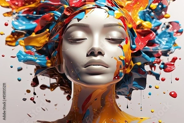 Fototapeta Woman with eye close face, depression, sadness Mental health concept art