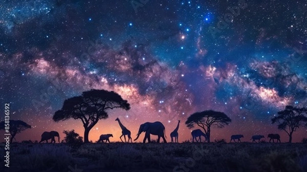 Obraz An elephant and a herd of giraffes are walking towards the trees against the background of the Milky Way in a panoramic blue night sky. Milky Way and stars on dark background starry universe nebula
