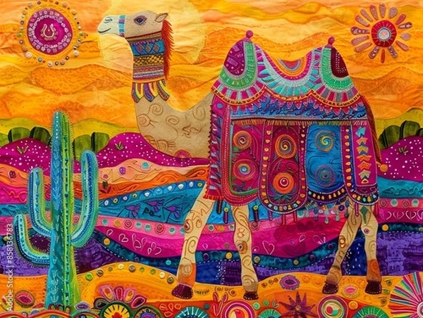 Fototapeta Camel in the desert, Madhubani Bharni style, graceful concept, sun and cactus, vibrant and traditional