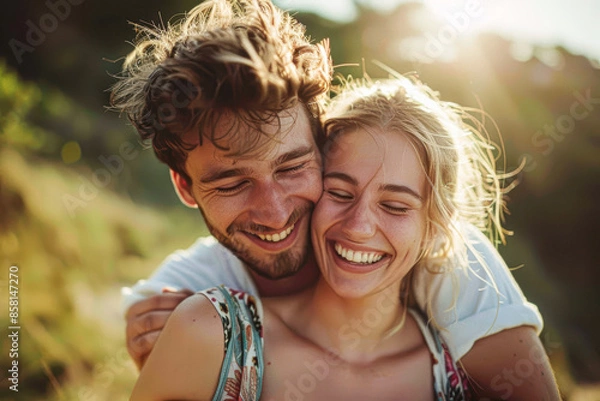 Fototapeta A man and a woman are hugging each other and smiling