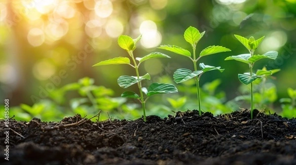 Fototapeta Three Small Green Plants Growing in Dark Soil