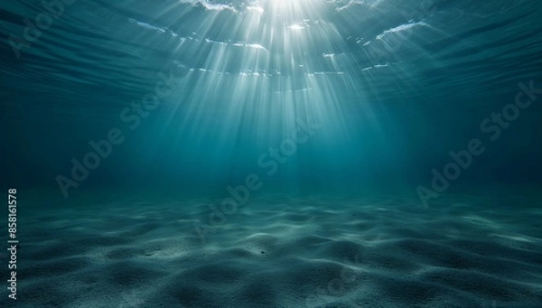 Fototapeta Mysterious Underwater Scene with Sunlight Beams Penetrating Deep Ocean Waters