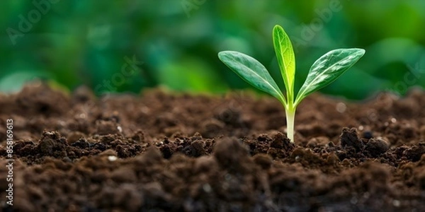 Fototapeta Macro image of green sprout in fertile soil represents new beginnings. Concept Nature, Growth, New Beginnings, Macro Photography