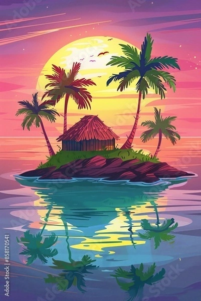Fototapeta Vector illustration of beautiful scenic landscape of tropical sea island with palm tree and house