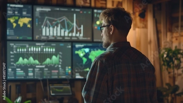 Fototapeta A lush forest with a clear river, symbolizing sustainability analytics and nature impact monitoring. Perfect for illustrating environmental supply chain control and eco-friendly practices.