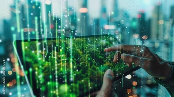 Fototapeta A cityscape featuring advanced analytics for urban sustainability, highlighting green environmental data management. The image showcases eco-friendly infrastructure and smart city technology.