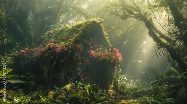 Fototapeta A little mysterious cabin house in deep tropical rainforest with green plants, moss, ferns.