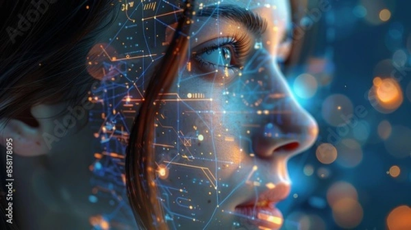 Fototapeta Close-up face of woman with digital interface, representing advanced technology ai and futuristic, facial woman and innovation with hologram, tech and intelligence of future.